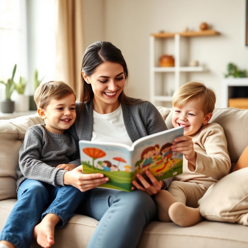Nanny reading with two happy children